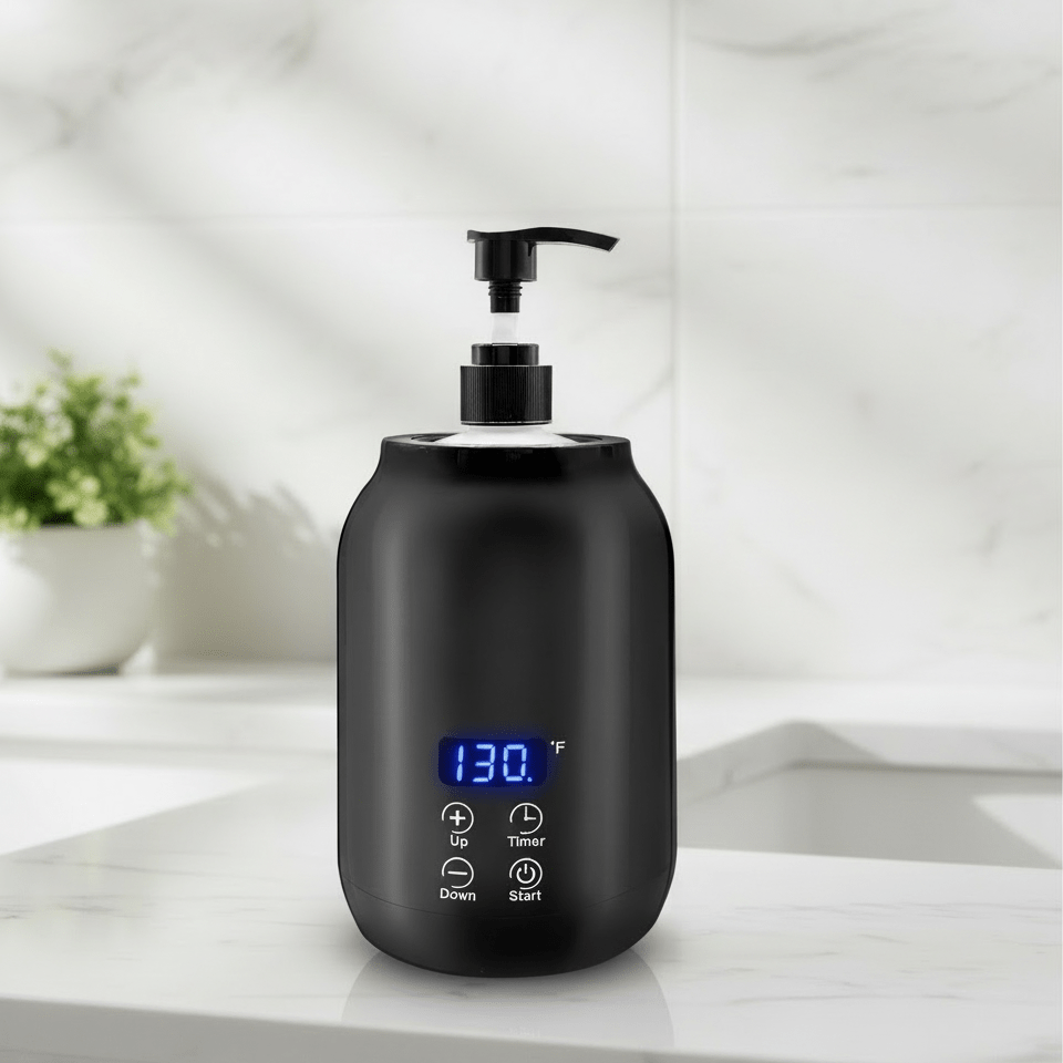 Professional electric massage oil warmer for spa & wellness studios, heats oil for therapeutic relaxation.