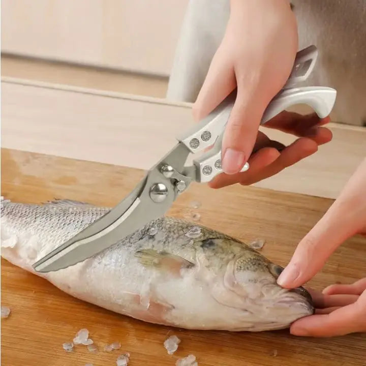 Durable kitchen shears with sharp stainless steel blades, ideal for chicken, fish, and general food prep.