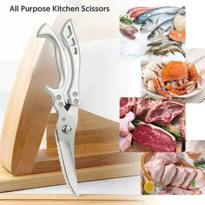Multipurpose kitchen scissors featuring a fish scaler, perfect for various cooking tasks & food preparation.