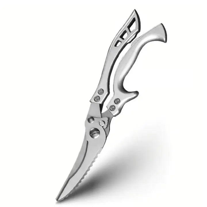 Ergonomic heavy-duty poultry shears in stainless steel, designed for comfortable and precise cutting.