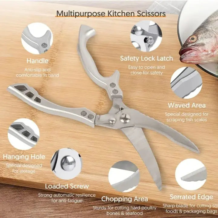 Sharp kitchen shears with a bottle opener, an essential gadget for any busy home or professional chef.