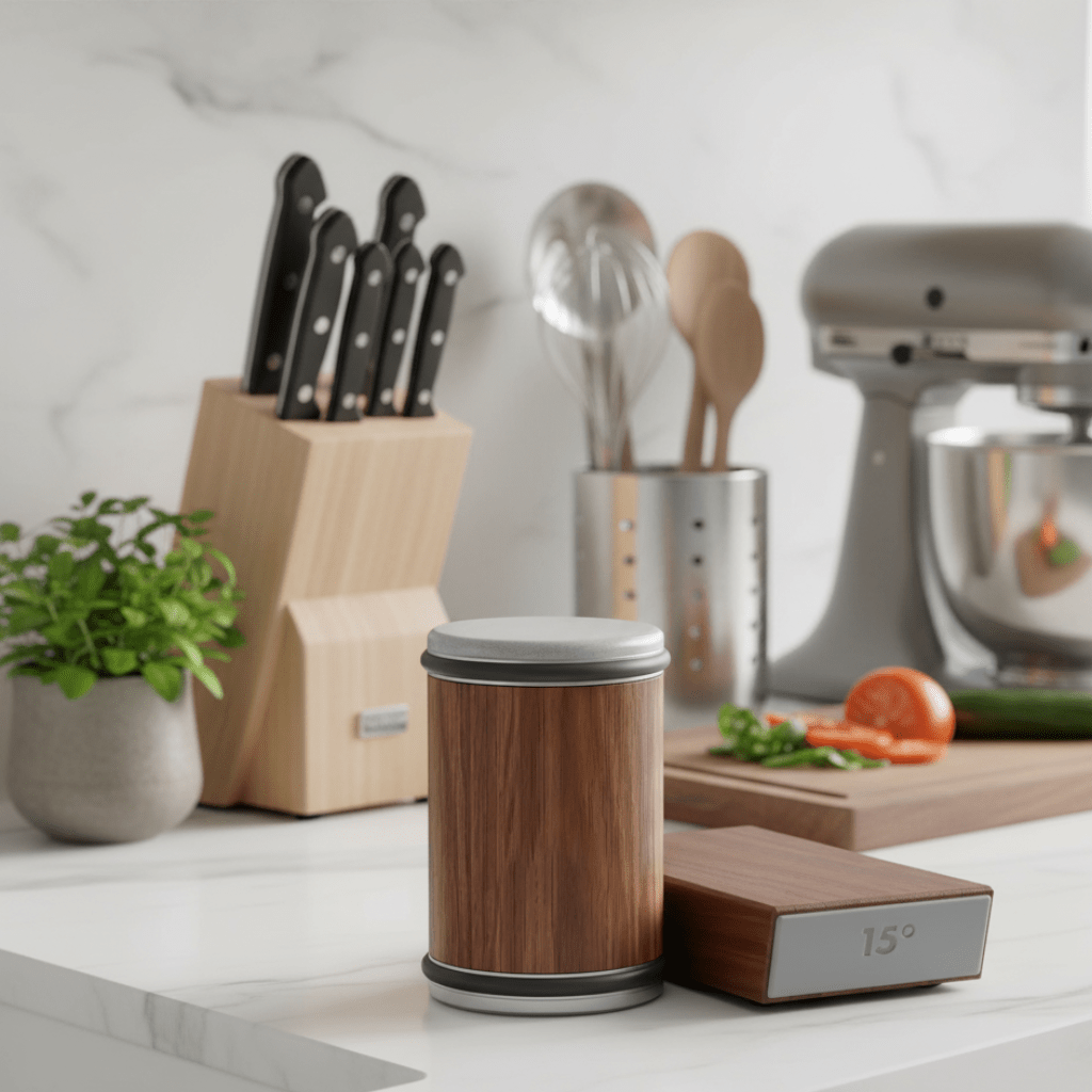 Professional kitchen knife sharpener with diamond and ceramic rollers, featuring a magnetic guide.