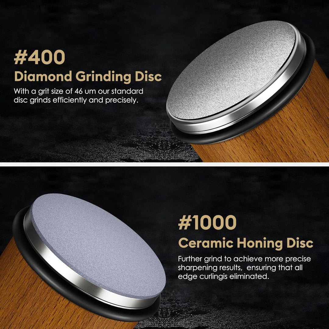 Innovative rolling sharpener for kitchen knives, with coarse diamond and fine ceramic grit.