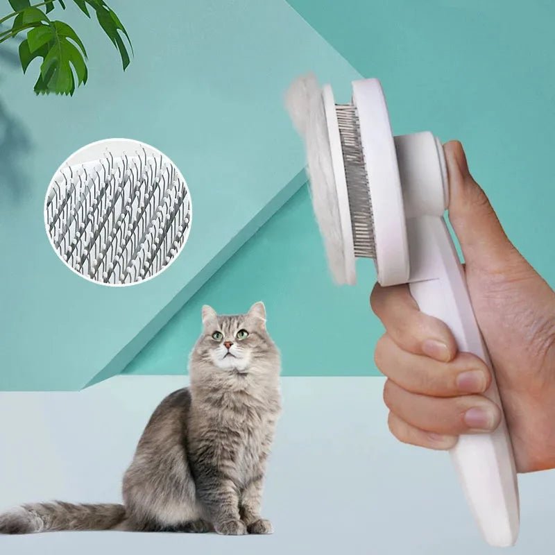 Ergonomic pet grooming brush for dogs and cats, featuring stainless steel teeth for effective deshedding.