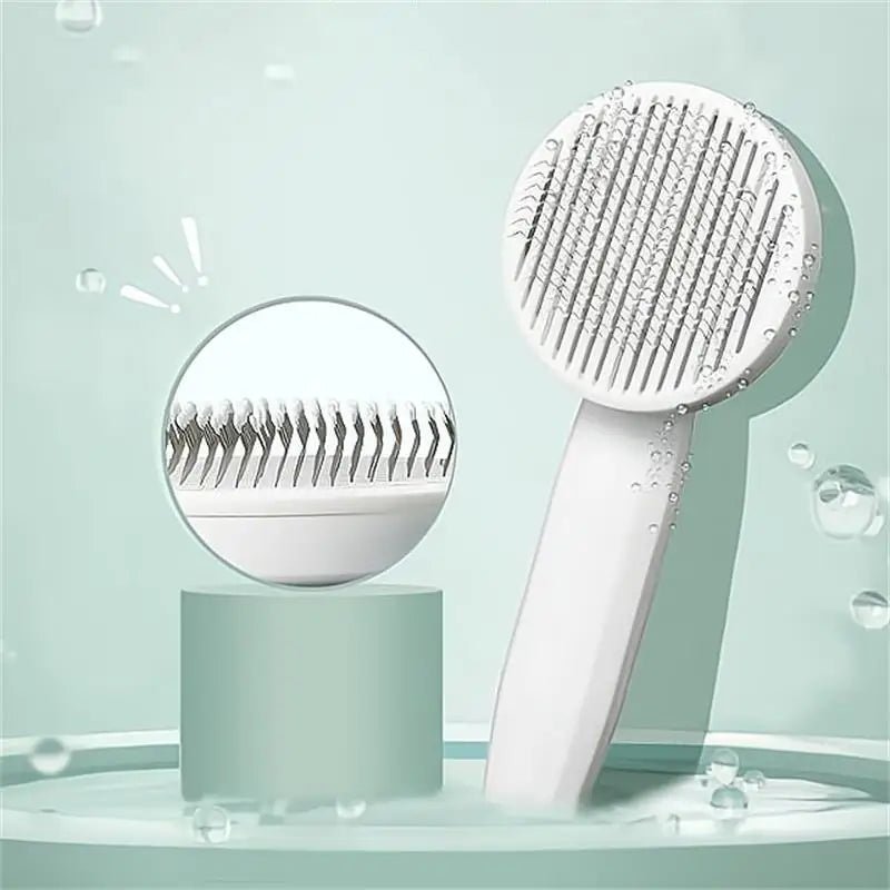 Close-up of a pet grooming tool, a deshedder brush designed for comfortable cat and dog hair removal.