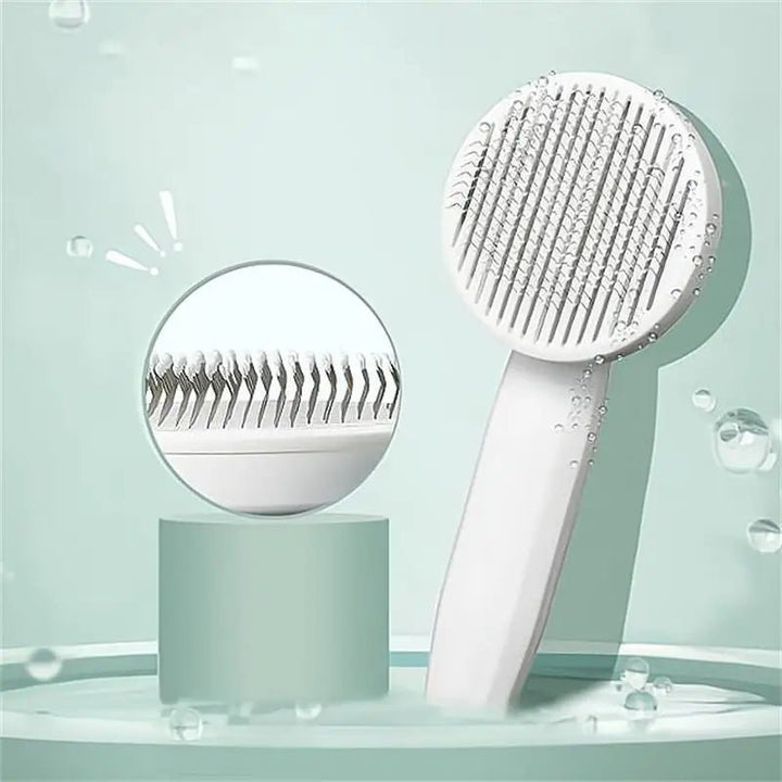 Close-up of a pet grooming tool, a deshedder brush designed for comfortable cat and dog hair removal.
