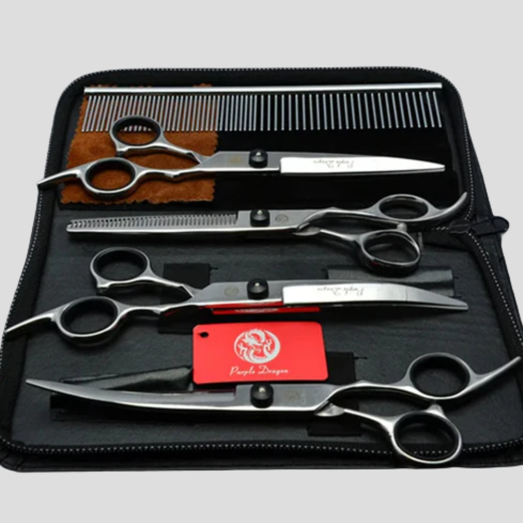 Professional pet grooming scissors kit with thinning shears, curved, and straight scissors for dogs and cats