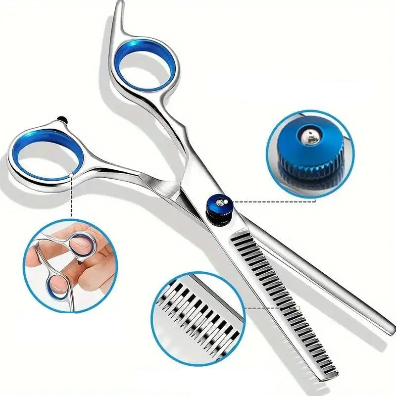 Close-up of professional pet grooming shears highlighting the rounded tip and sharp blades