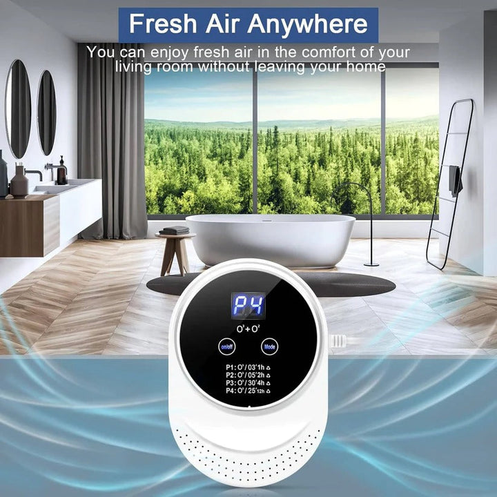 Plug-in programmable odor eliminator device with ozone & negative ion technology for a fresh and clean home.
