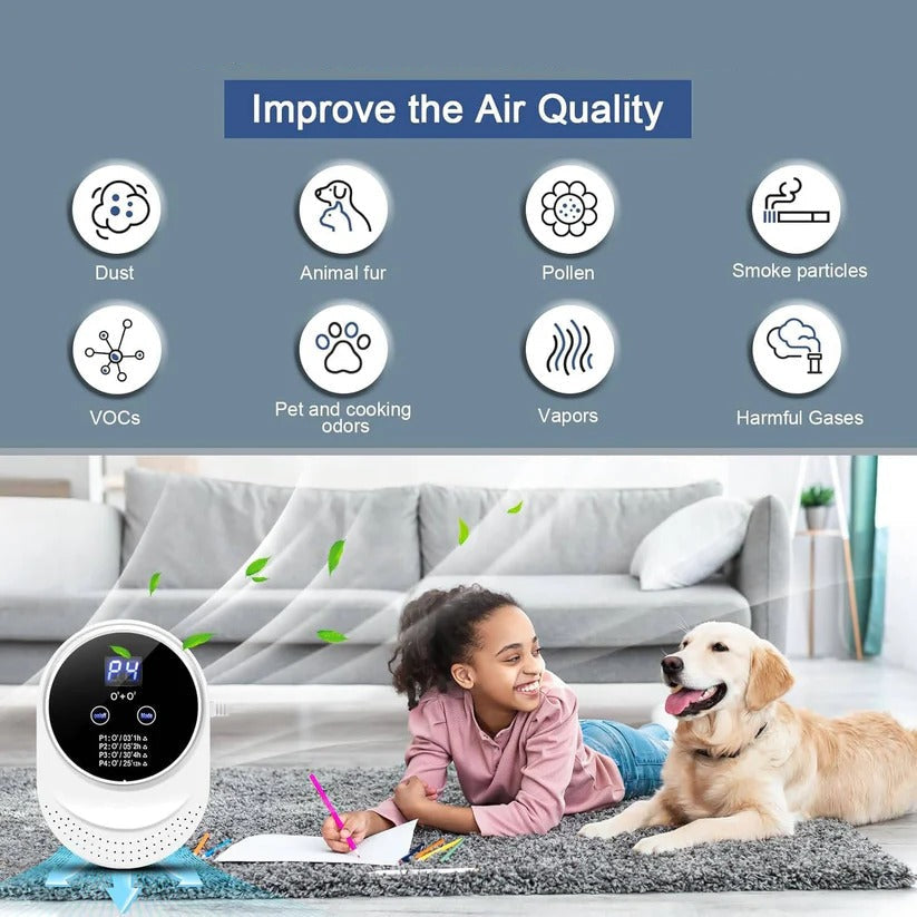 Plug-in automatic odor eliminator device with programmable cycles for continuous indoor air purification.