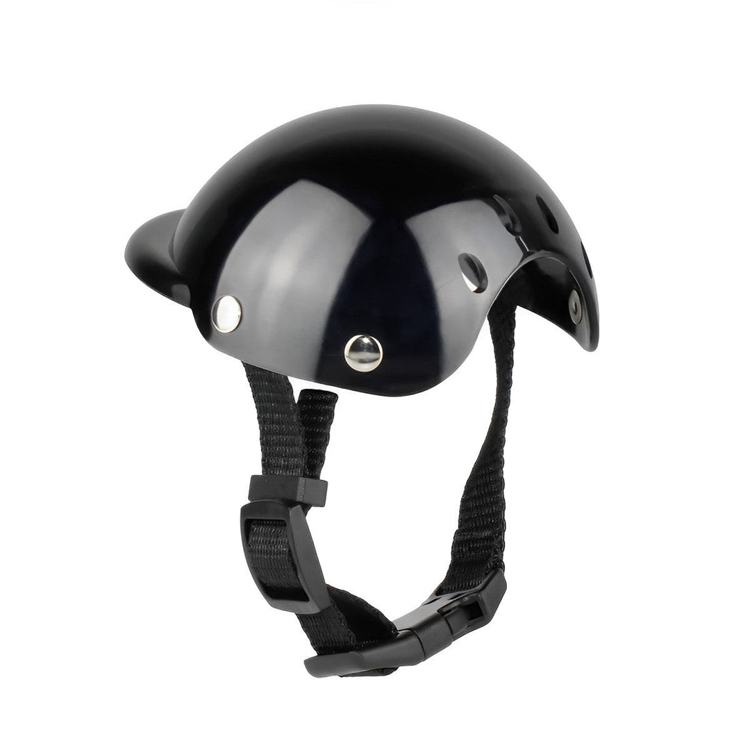 Durable pet riding helmet with adjustable strap and anti-fog goggles for dog's eye protection.