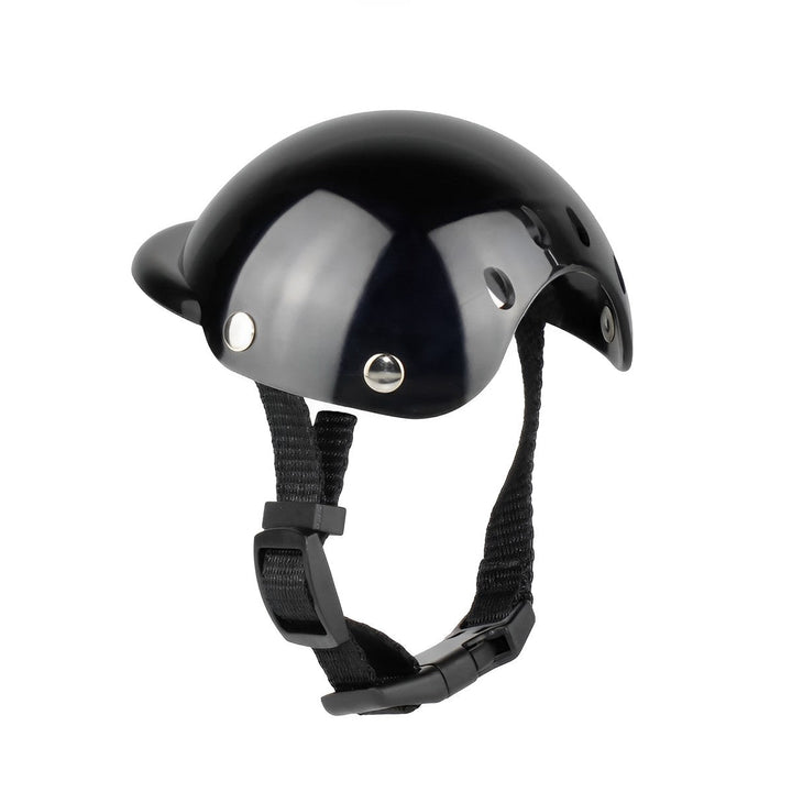 Durable pet riding helmet with adjustable strap and anti-fog goggles for dog's eye protection.