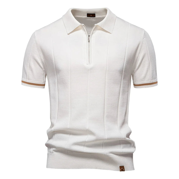 High-quality men's quarter-zip knit polo shirt, perfect for a smart casual or relaxed stylish outfit.