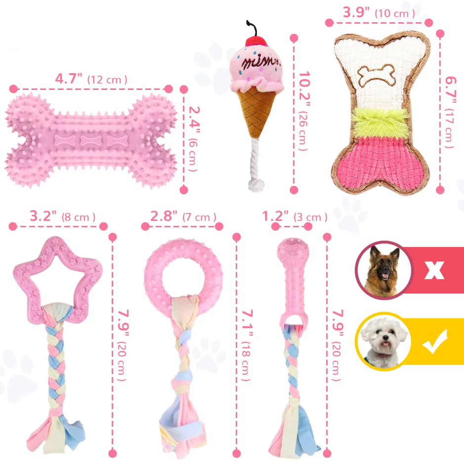 Variety of puppy dental chew toys, perfect pet supplies for a growing puppy's oral hygiene.