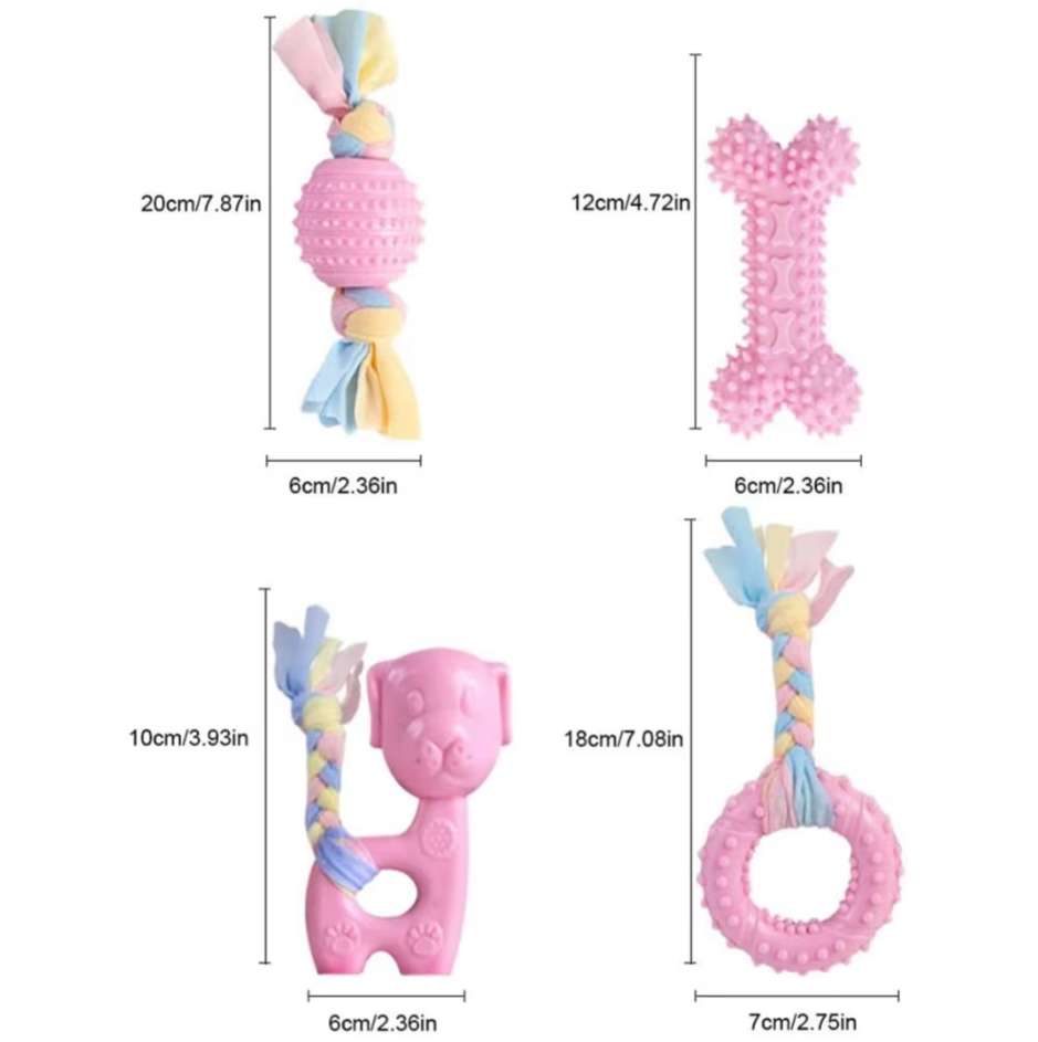 Colorful puppy chew toy set focused on dental care, ideal for teething pups and play.