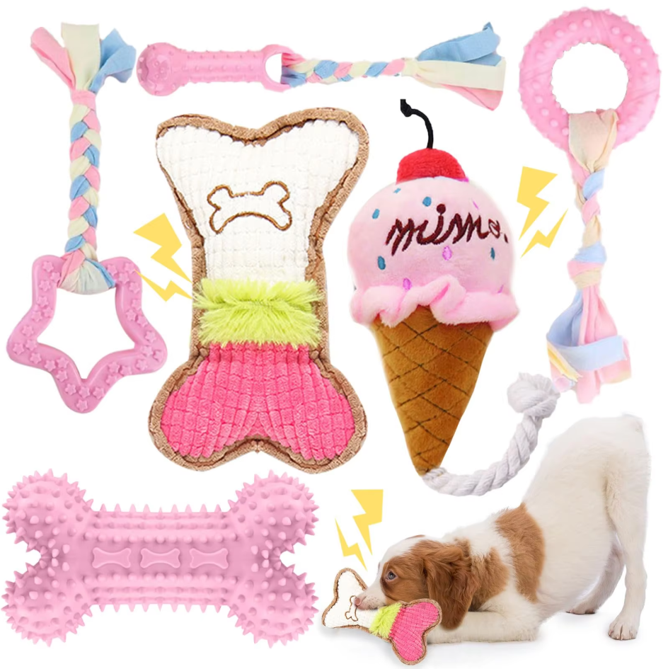 Durable puppy dental chew toys in a set, encouraging biting and cleaning for young dogs.