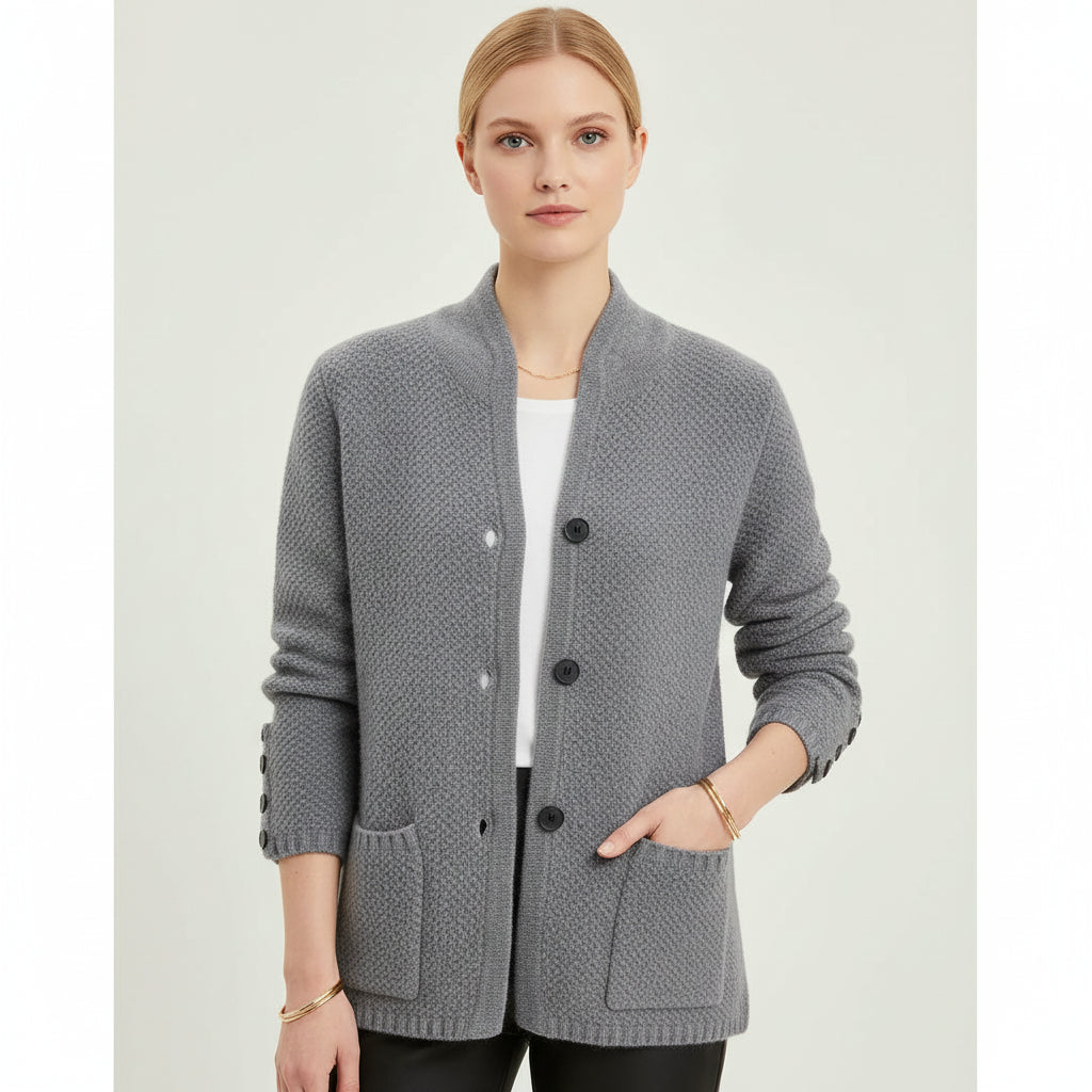 Soft knit women's jacket featuring a classic button front, a versatile and cozy piece for casual or everyday outerwear.