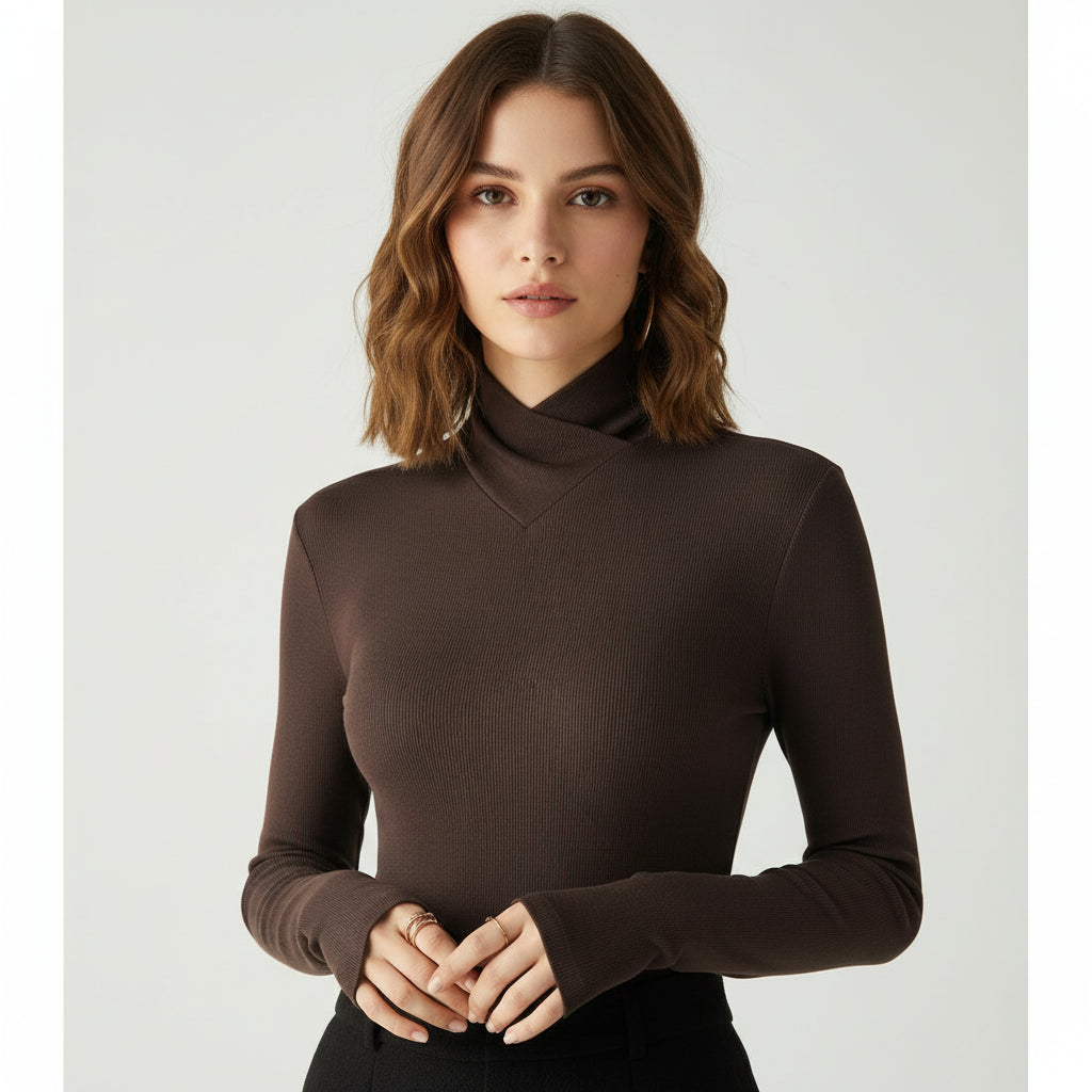 Women's fitted turtleneck sweater, long sleeve, in a chic and cozy style perfect for winter or fall layering.