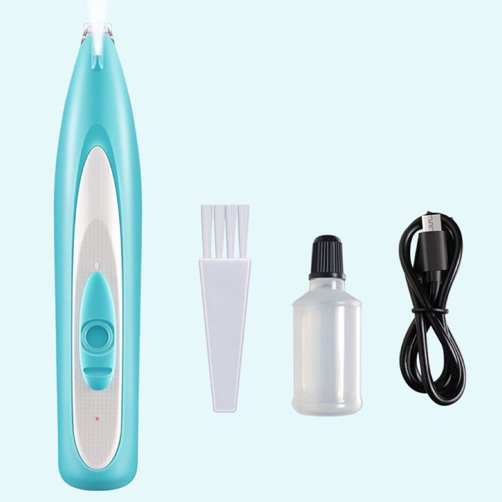 Close-up of the professional quiet LED pet paw trimmer's sharp blades