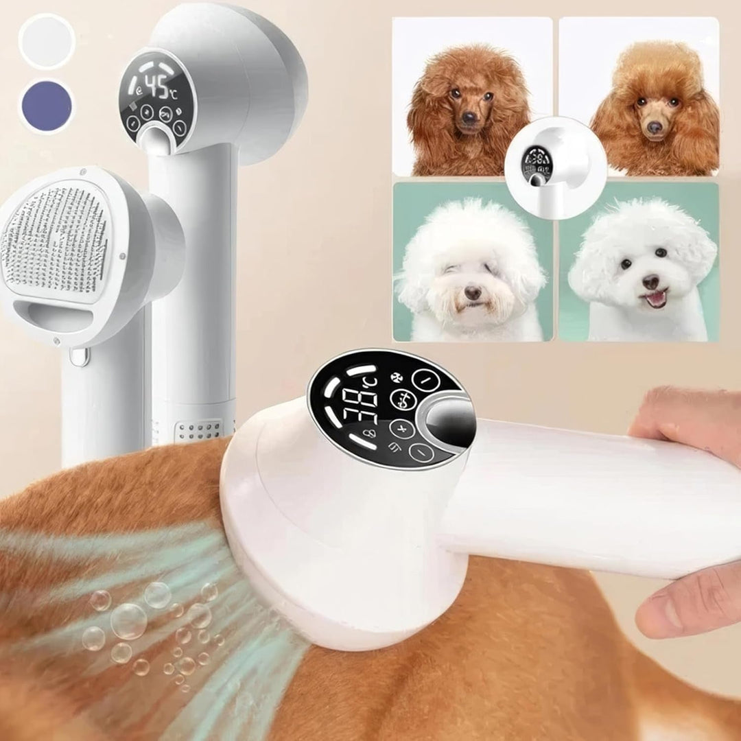 Quiet pet hair dryer with massage comb for safe, fast drying dog & cat grooming.