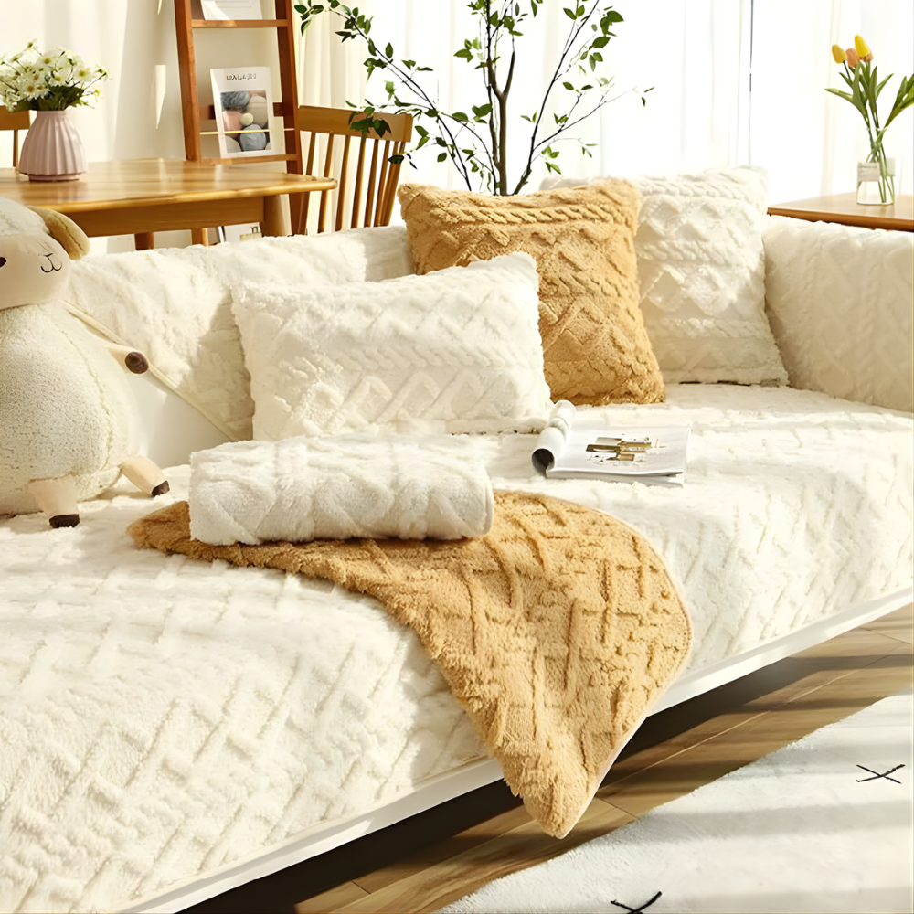Close-up of quilted anti-slip sectional cover fabric, showing texture and durable stitching for furniture