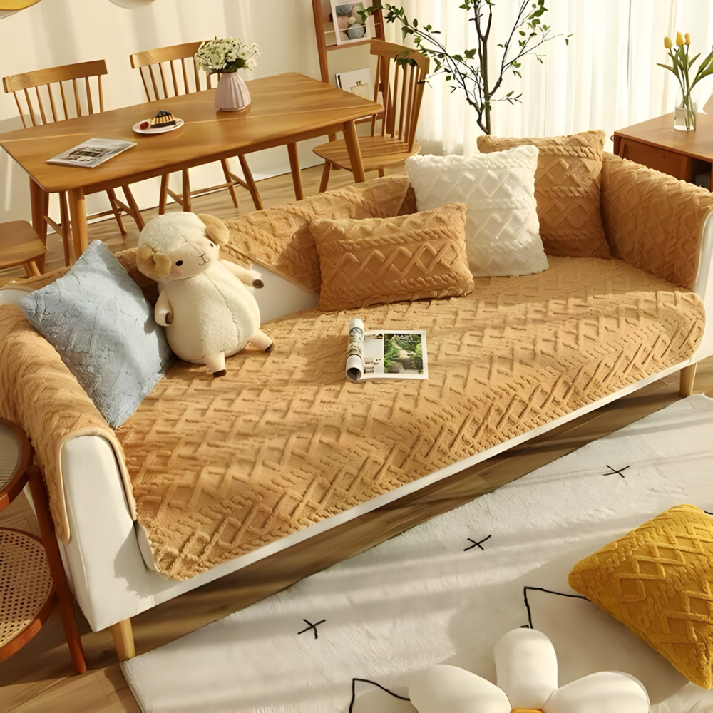 Beige quilted anti-slip sectional sofa cover enhancing living room decor while protecting furniture