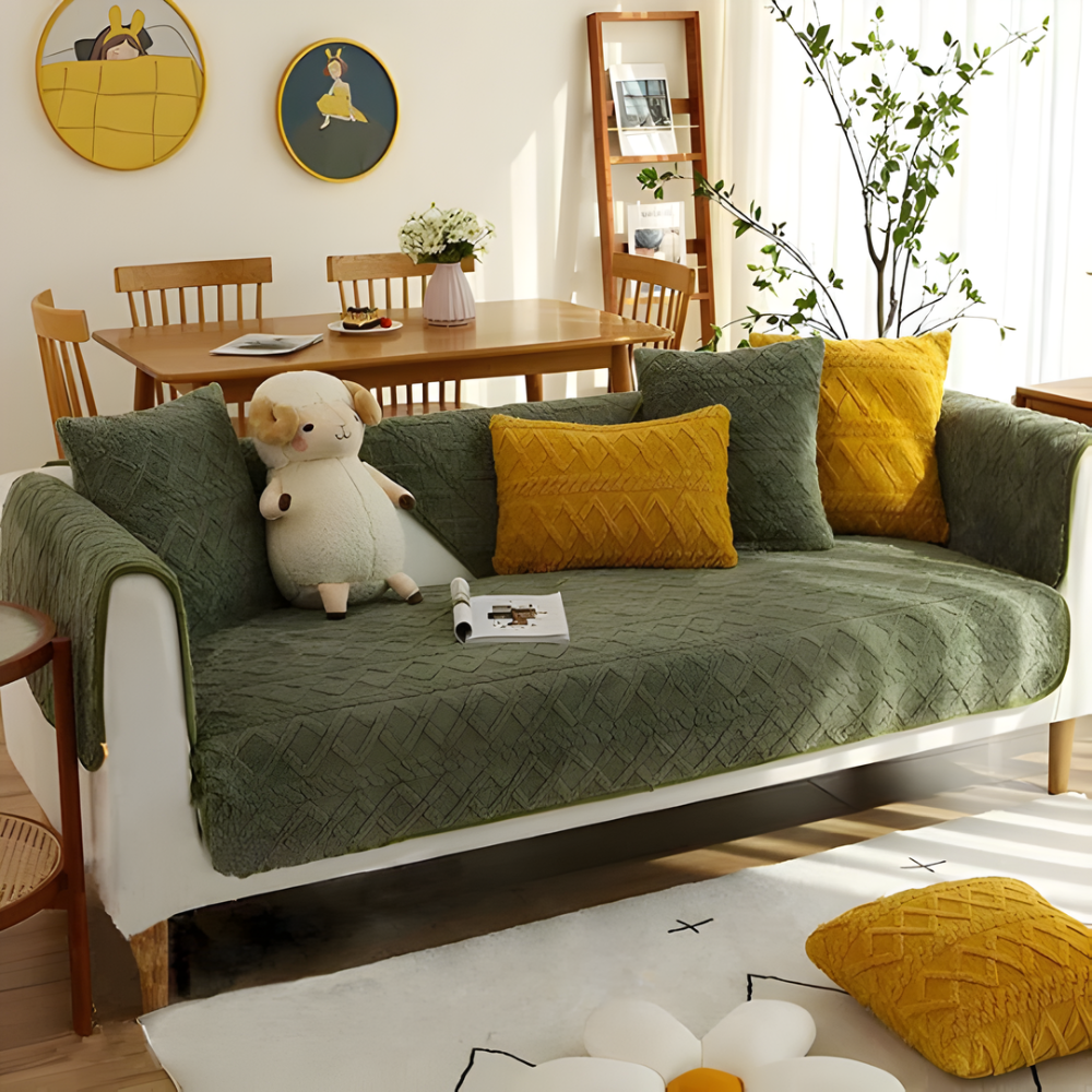 Full view of a brown quilted anti-slip sectional couch protector, ideal for pet protection and home decor