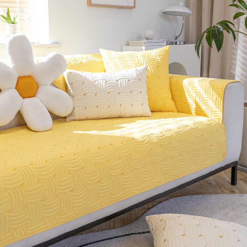 Quilted cotton sectional sofa cover in weave pattern, pet-friendly home decor