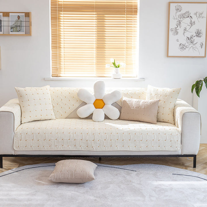 Weave cotton blend sectional couch cover for L-shaped sofas, easy care