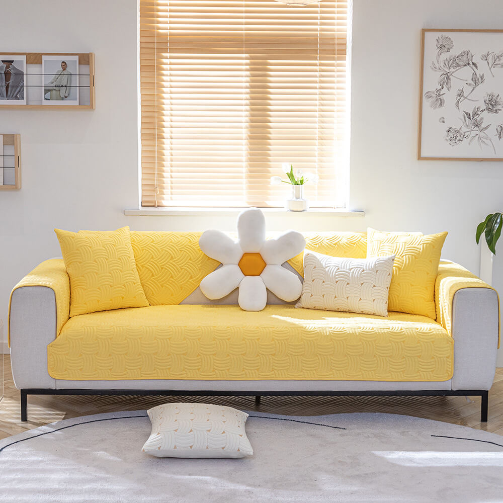 Non-slip weave cotton sofa cover for sectional, machine washable furniture protector
