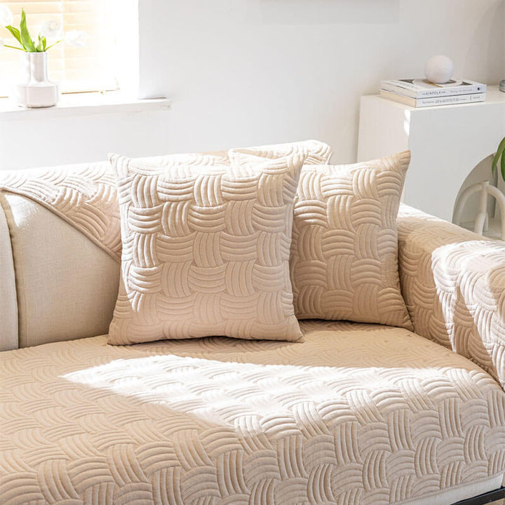 Elegant quilted cotton sectional sofa cover, pet-friendly and easy to clean