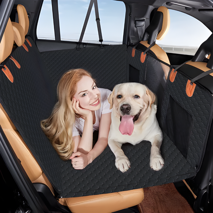 Quilted dog car seat extender provides a stable pet bridge for safe and comfortable back seat travel.