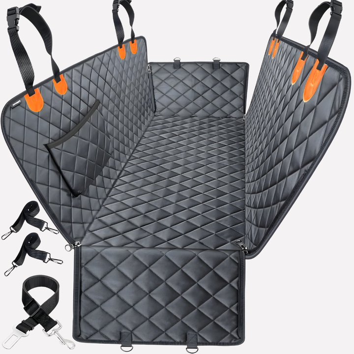 Quilted dog car seat hammock cover, waterproof & scratch-resistant for safe pet travel.