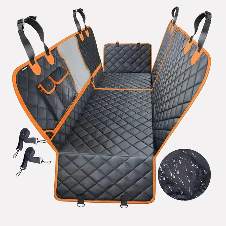 Waterproof quilted car seat hammock cover for dogs; protects vehicle during pet travel.