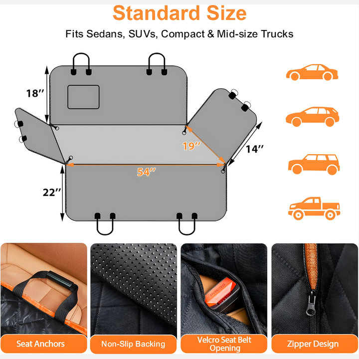 Scratch-resistant dog car seat cover, durable pet travel hammock for full vehicle protection.