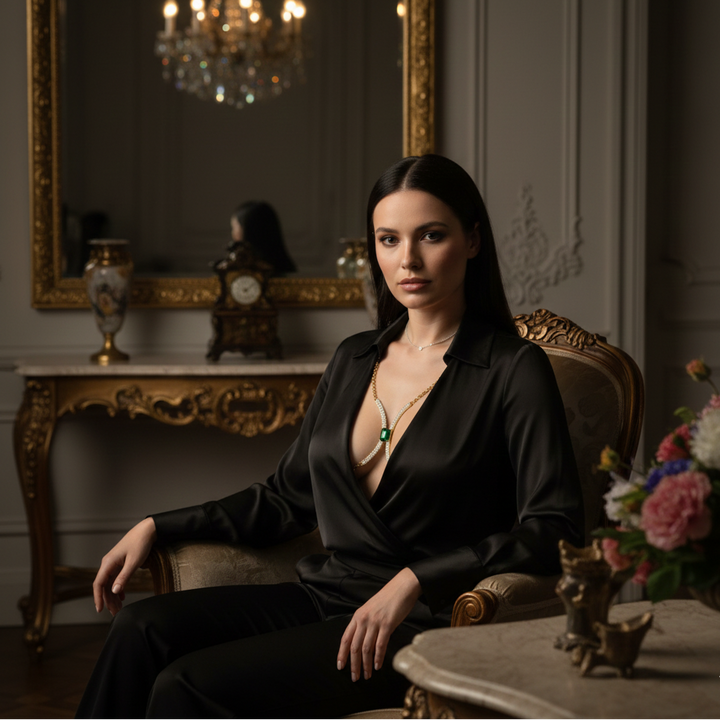 Glamorous women's rhinestone body chain, featuring sparkling crystals. Elegant fashion accessory for the chest.