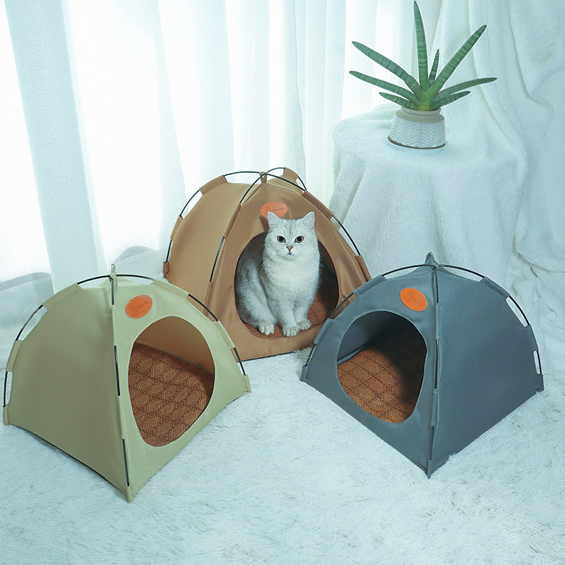 Rattan cat tent with soft cushion for pet comfort, ideal for cats.