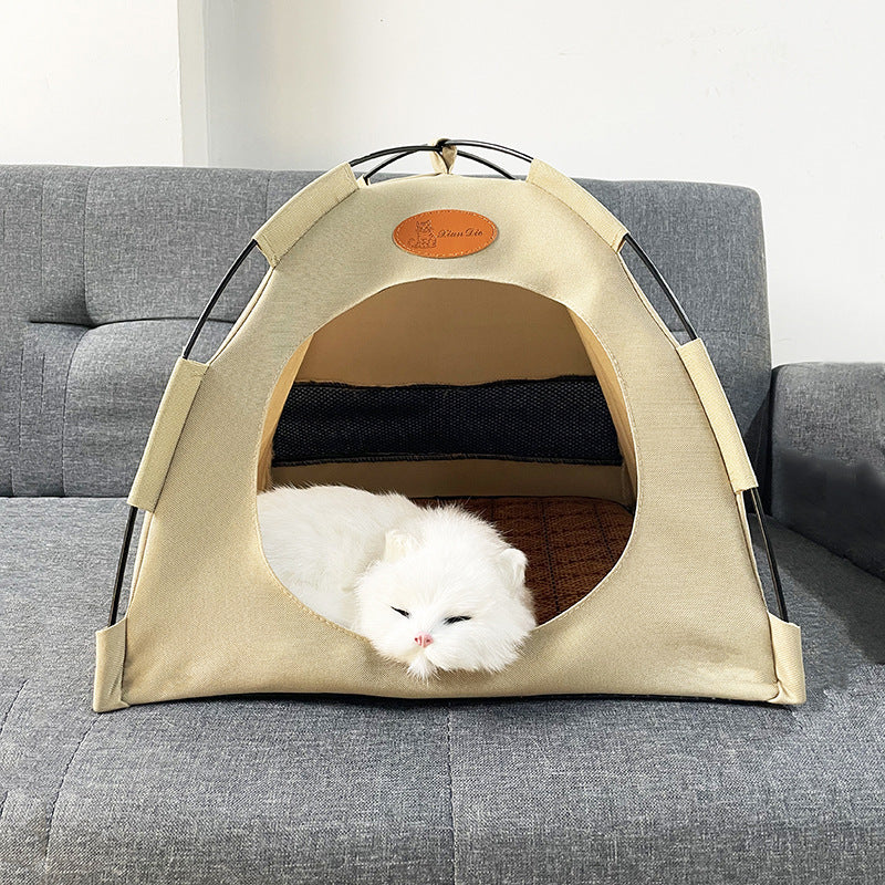 Cooling mat inside a woven rattan cat bed, perfect for summer pet relaxation.
