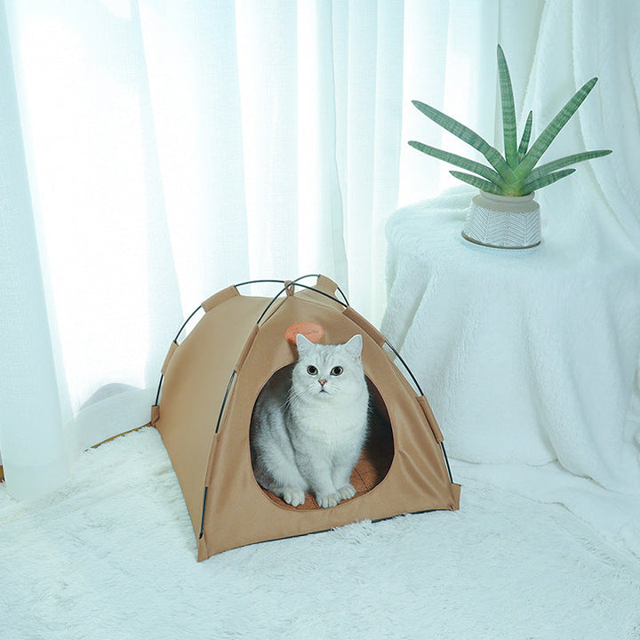 Beige rattan cat tent with a plush, washable cushion inside, easy setup.