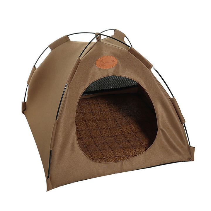 Elegant rattan cat tent designed for small pets, includes a cooling mat for summer.
