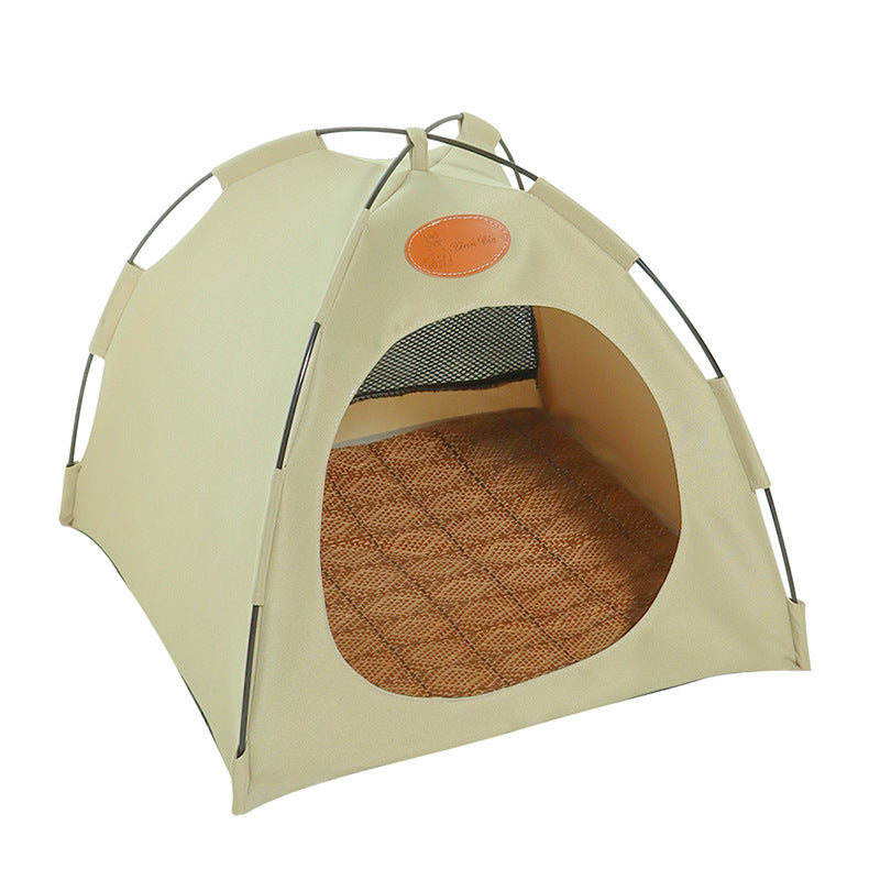 Detailed view of the durable rattan construction of a cat bed and pet tent.