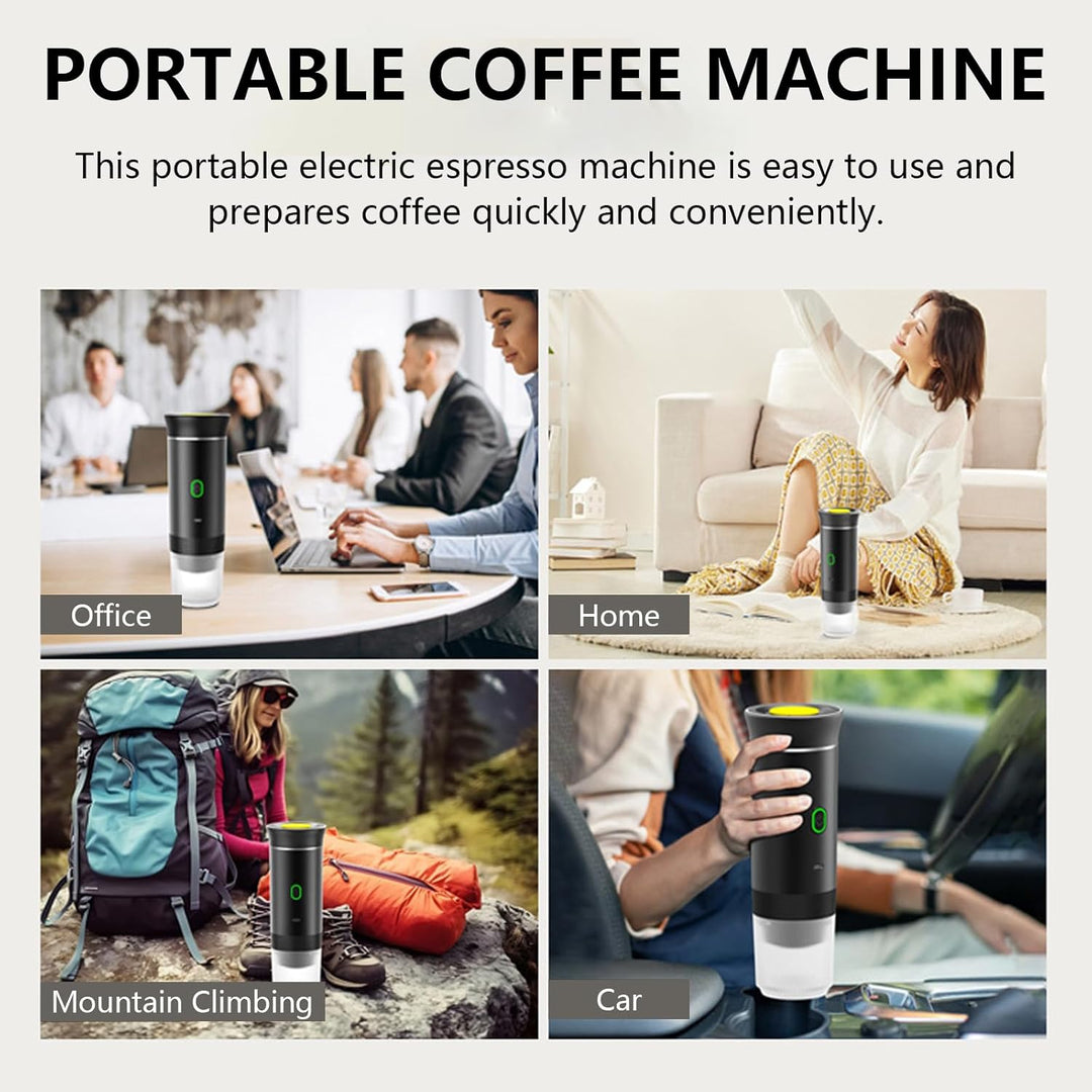 Raverno 3-in-1 portable espresso machine, brews ground coffee or capsules with a rechargeable battery.