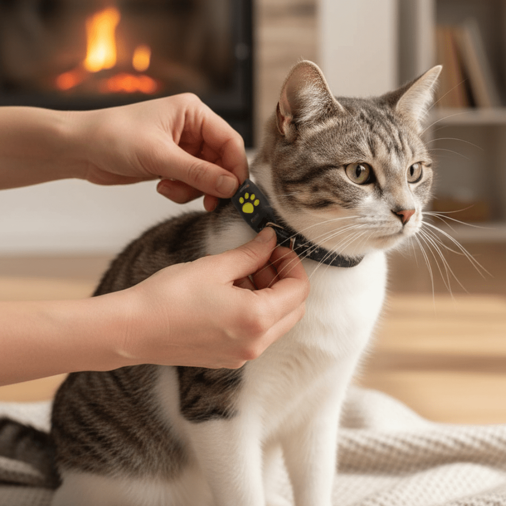 Real-time GPS tracker for cats. No monthly fee. Securely attaches to collar for pet safety & peace of mind.