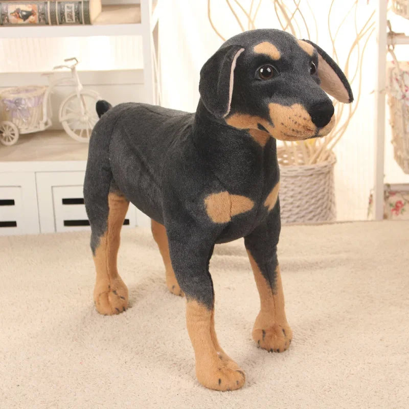 Unisex black dog plush, a lifelike stuffed animal perfect as a kids toy or decoration.