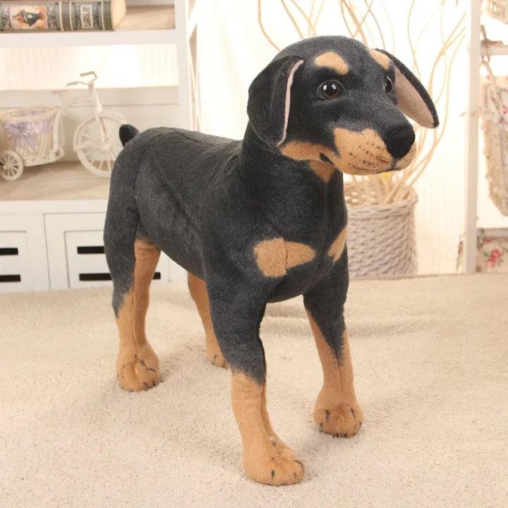 Unisex black dog plush, a lifelike stuffed animal perfect as a kids toy or decoration.