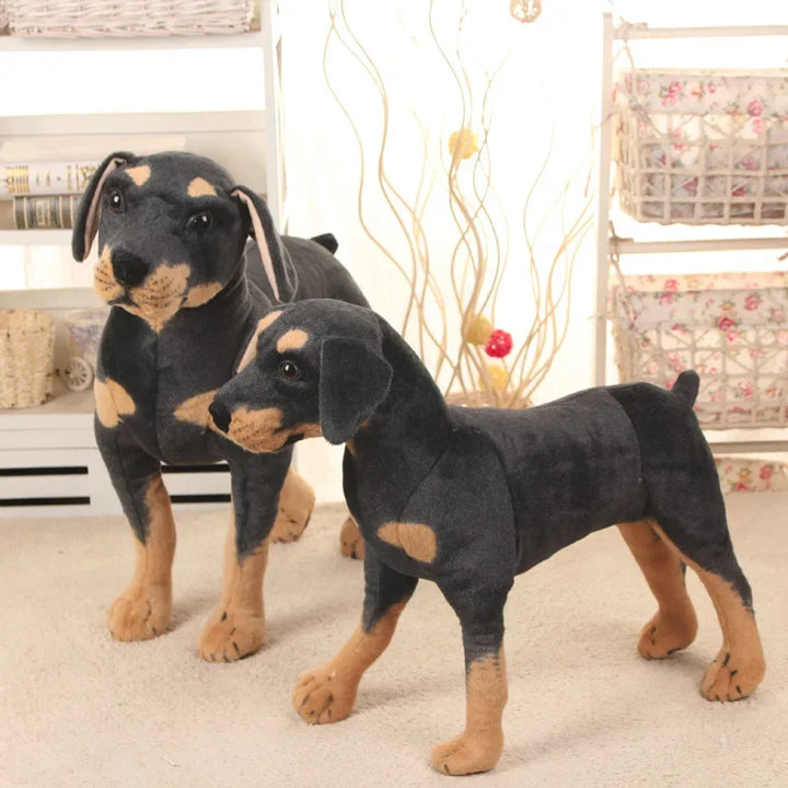 Soft realistic black dog plush toy, an adorable cuddly pet for children.