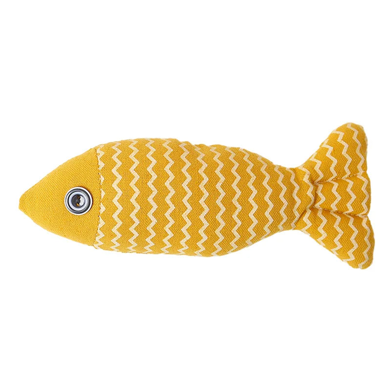 Durable fish-shaped cat toy with catnip, ideal for interactive play and animal enrichment.
