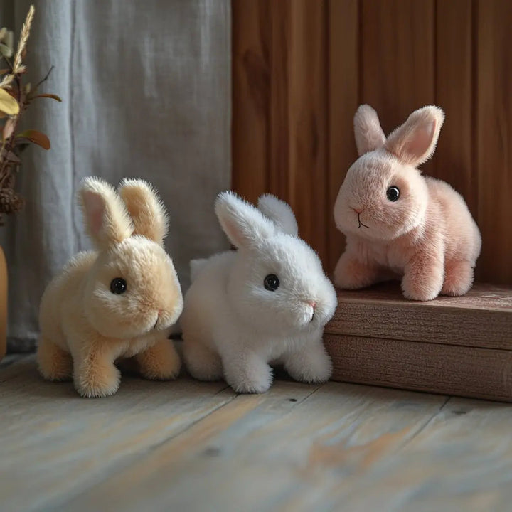 Animated realistic rabbit plush toy, soft fur, interactive hopping action, great gift for kids and animal lovers.
