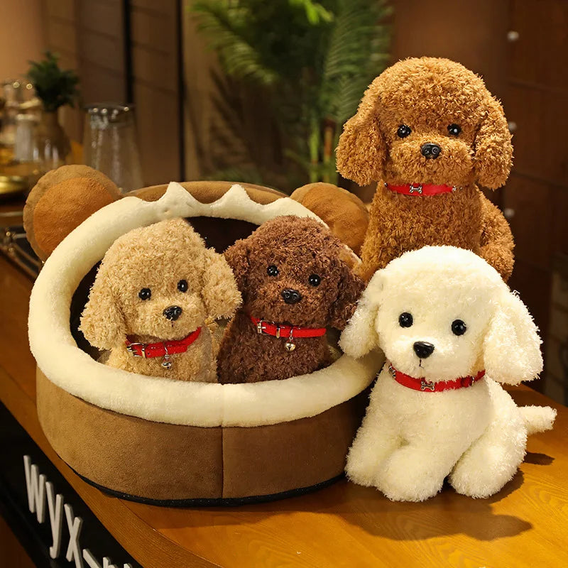 Close-up of a realistic plush dog, soft stuffed animal for kids, featuring detailed puppy eyes