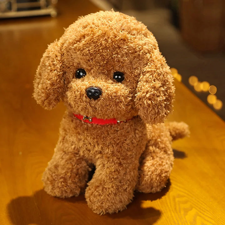 Group of assorted realistic plush dog toys, soft cuddly stuffed animals, great for kids' collection